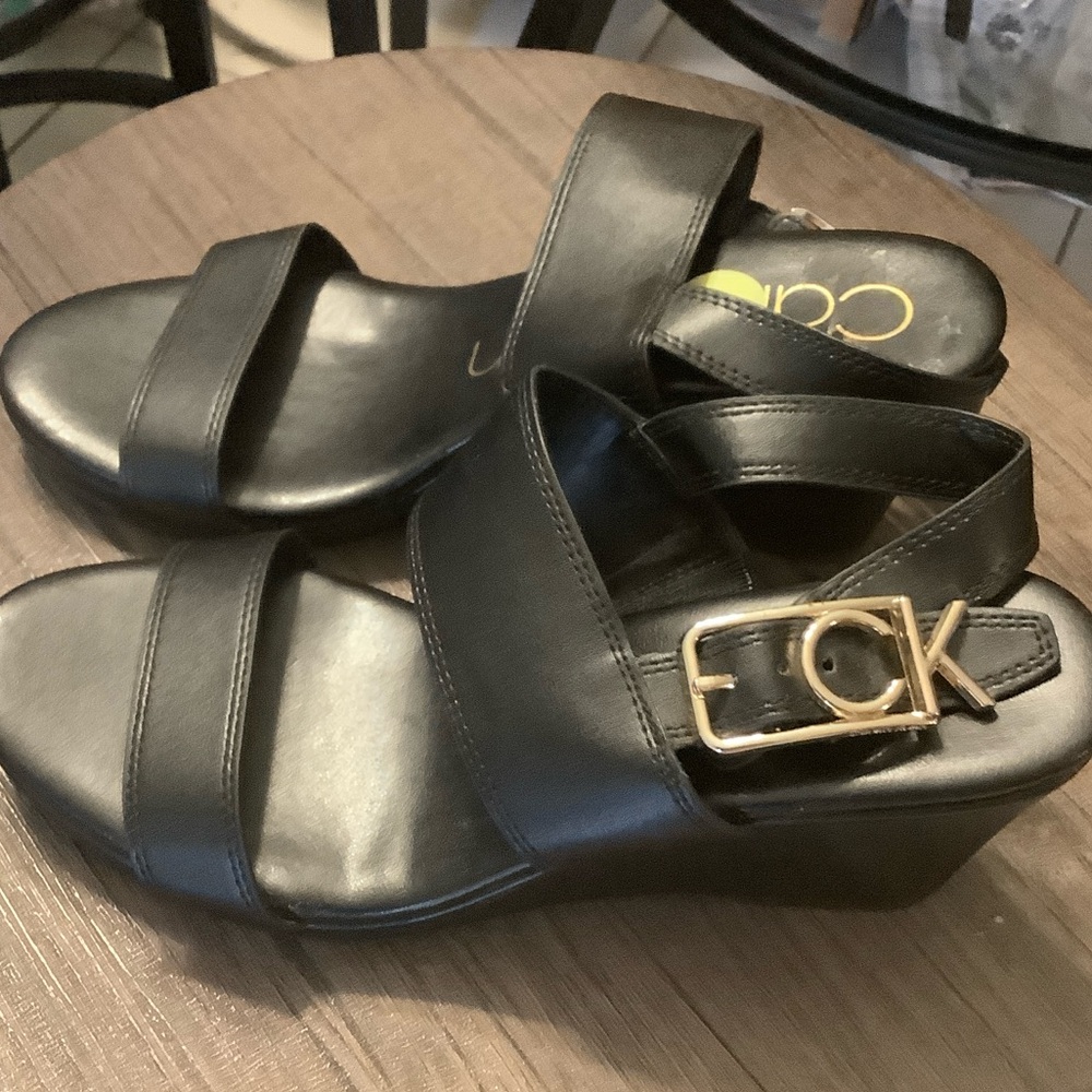 Calvin Klein Black Wedge Sandals with Gold Buckle